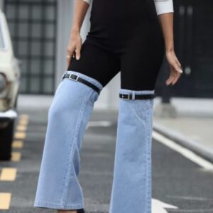 Slim Fit Knit Denim Patchwork Wide Leg Pants For Women, Elastic High Waist Casual