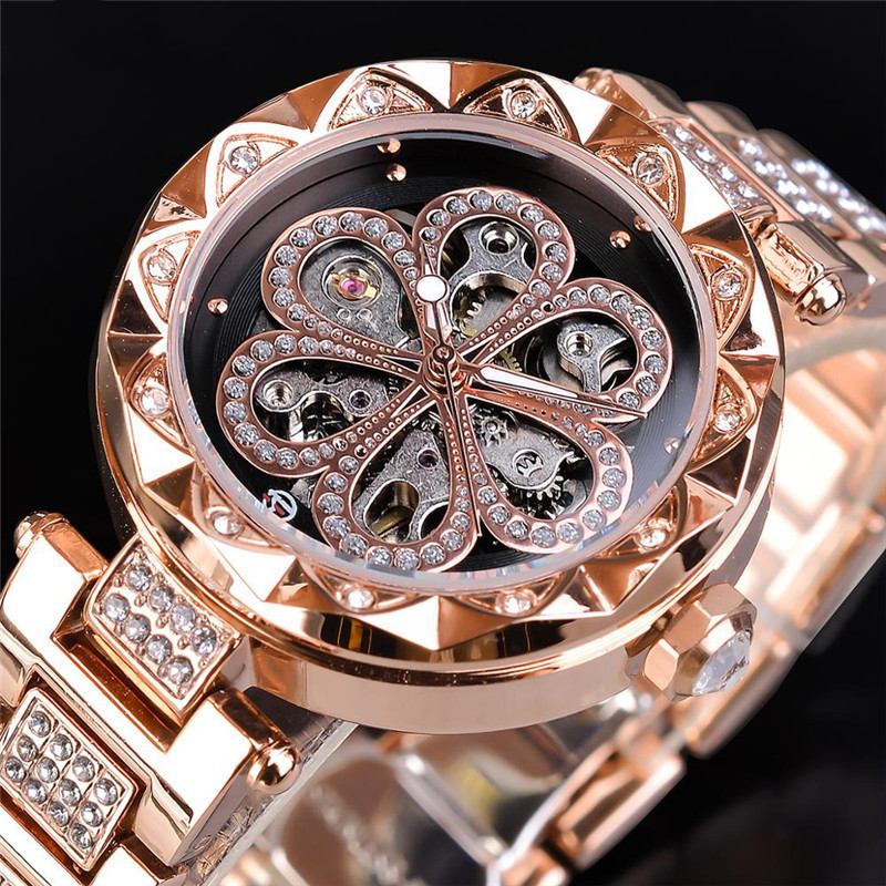 Forsining Mechanical Automatic Ladies Watches Top Brand Luxury Rhinestone Female Wrist Watches Rose Gold Stainless Steel Clock - Image 6