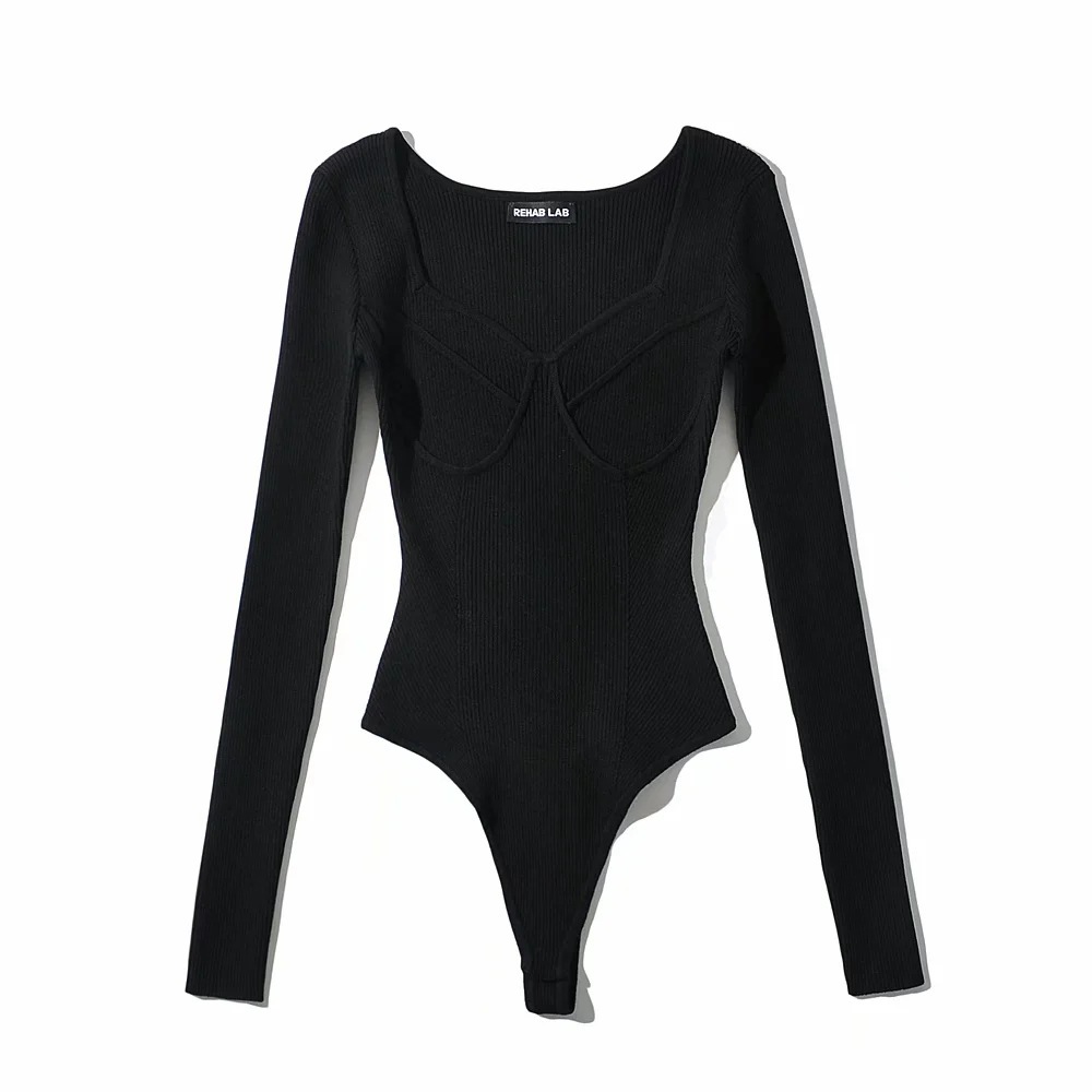 Korean Slim-fit U-neck Geometric Three-dimensional Textured Long Sleeve Knitted One-piece with Concealed Button - Image 5
