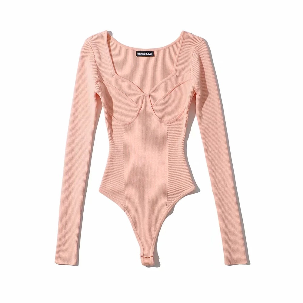 Korean Slim-fit U-neck Geometric Three-dimensional Textured Long Sleeve Knitted One-piece with Concealed Button - Image 3