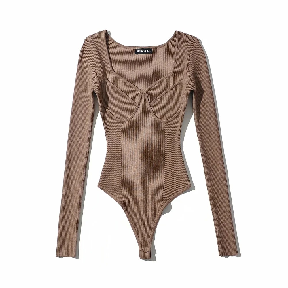 Korean Slim-fit U-neck Geometric Three-dimensional Textured Long Sleeve Knitted One-piece with Concealed Button - Image 2