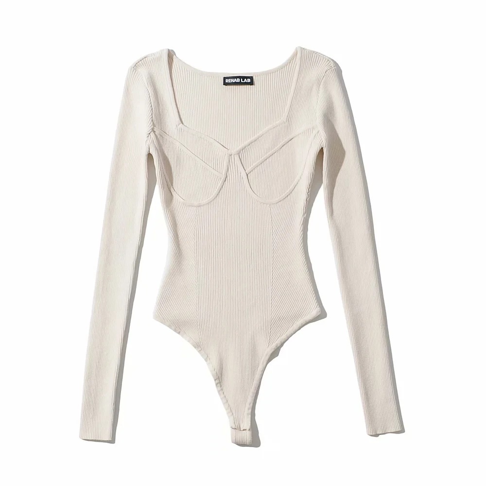 Korean Slim-fit U-neck Geometric Three-dimensional Textured Long Sleeve Knitted One-piece with Concealed Button - Image 4