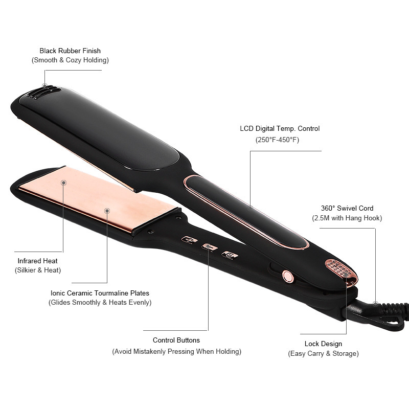 Cross-Border Exclusively For Lcd Display Infrared Hair Care Straightener Black Wide Plate Hair Straightener - Image 5