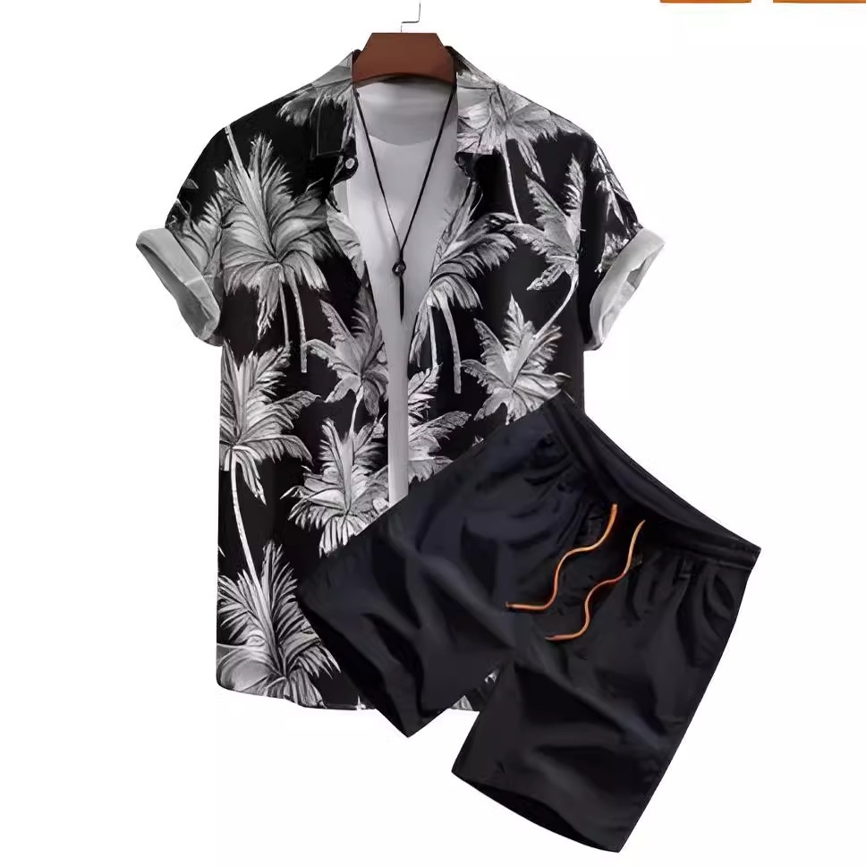 Black And White Striped Hawaiian Men's Shirt Set - Image 4