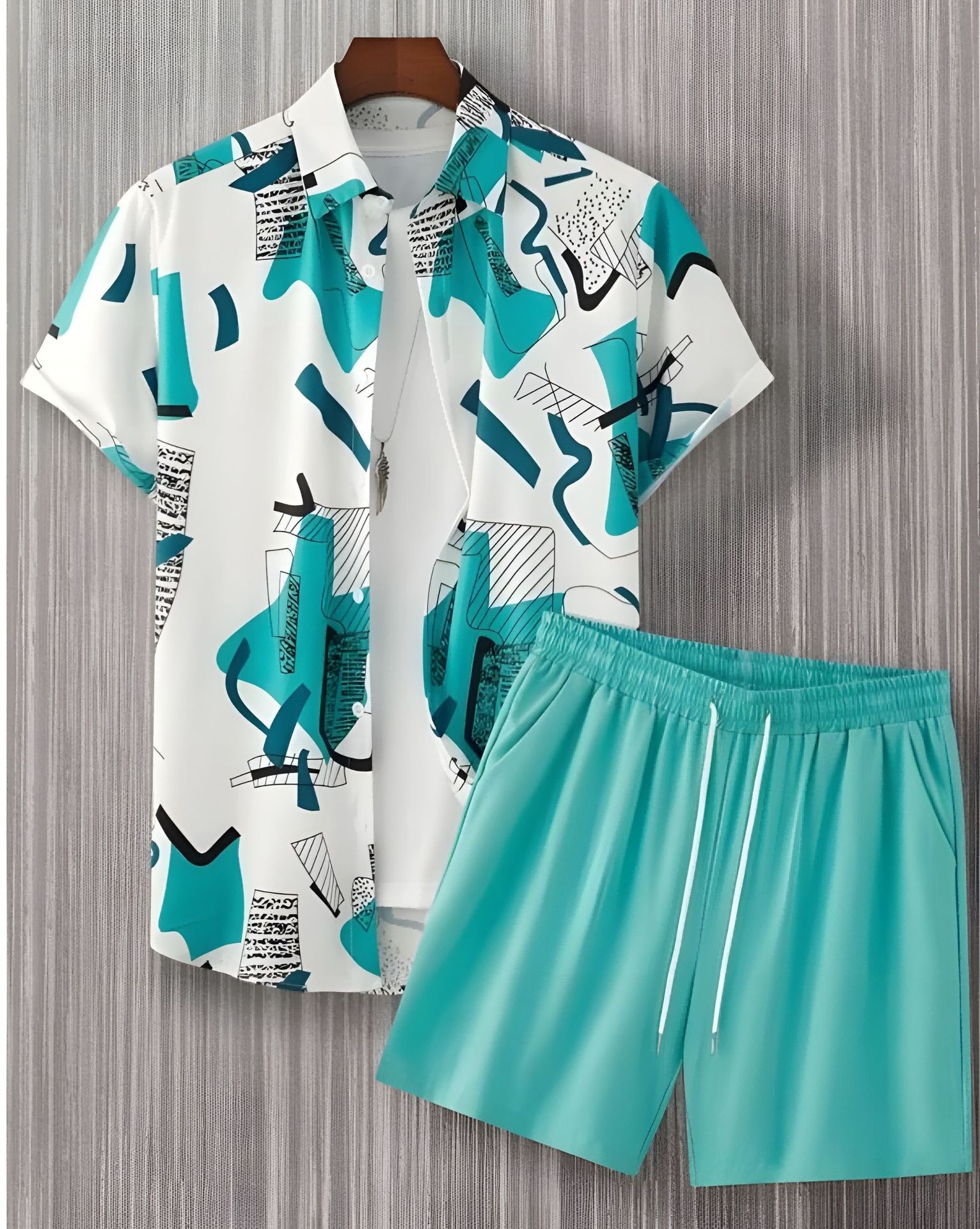 Black And White Striped Hawaiian Men's Shirt Set - Image 6