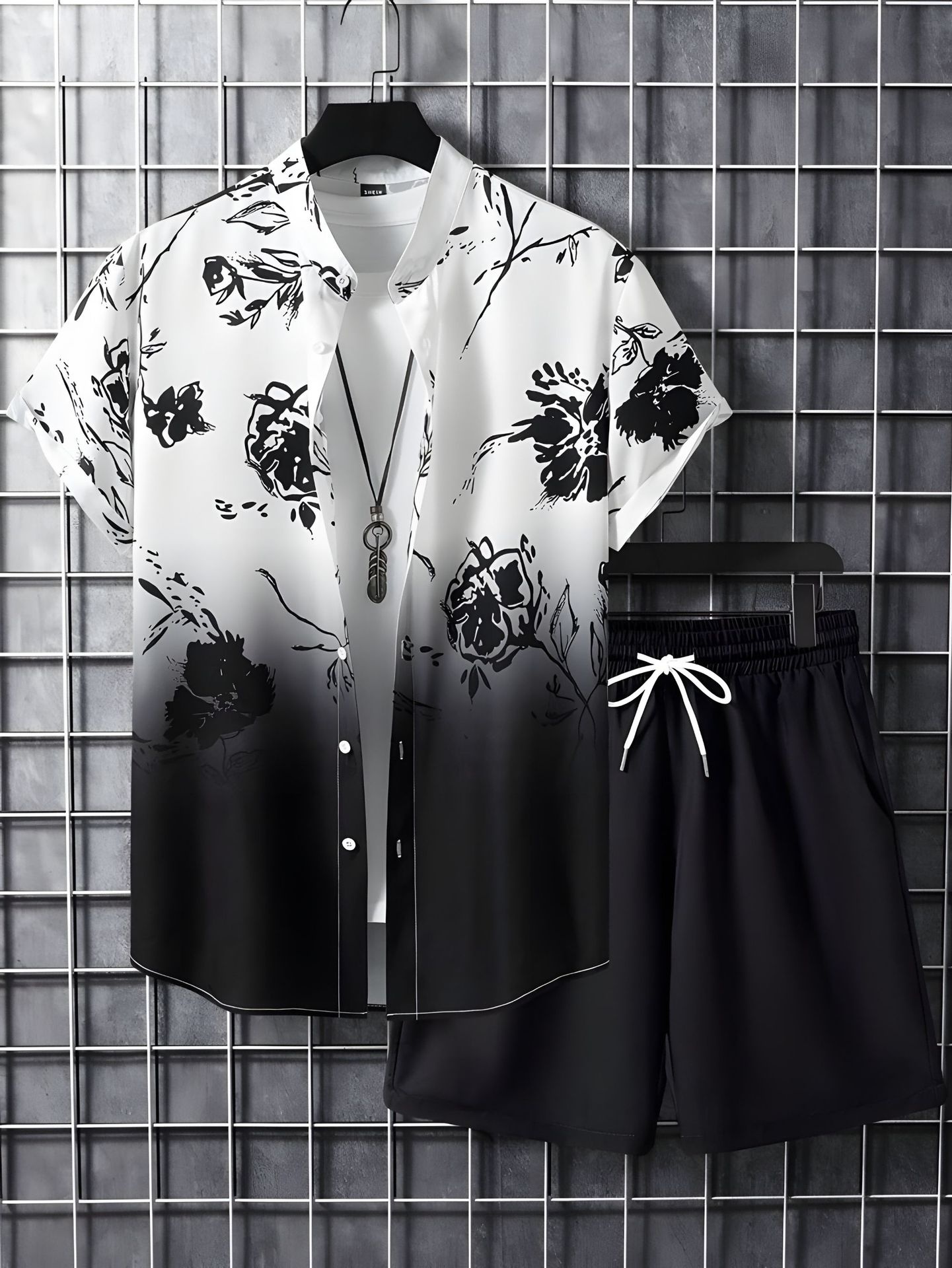 Black And White Striped Hawaiian Men's Shirt Set - Image 5