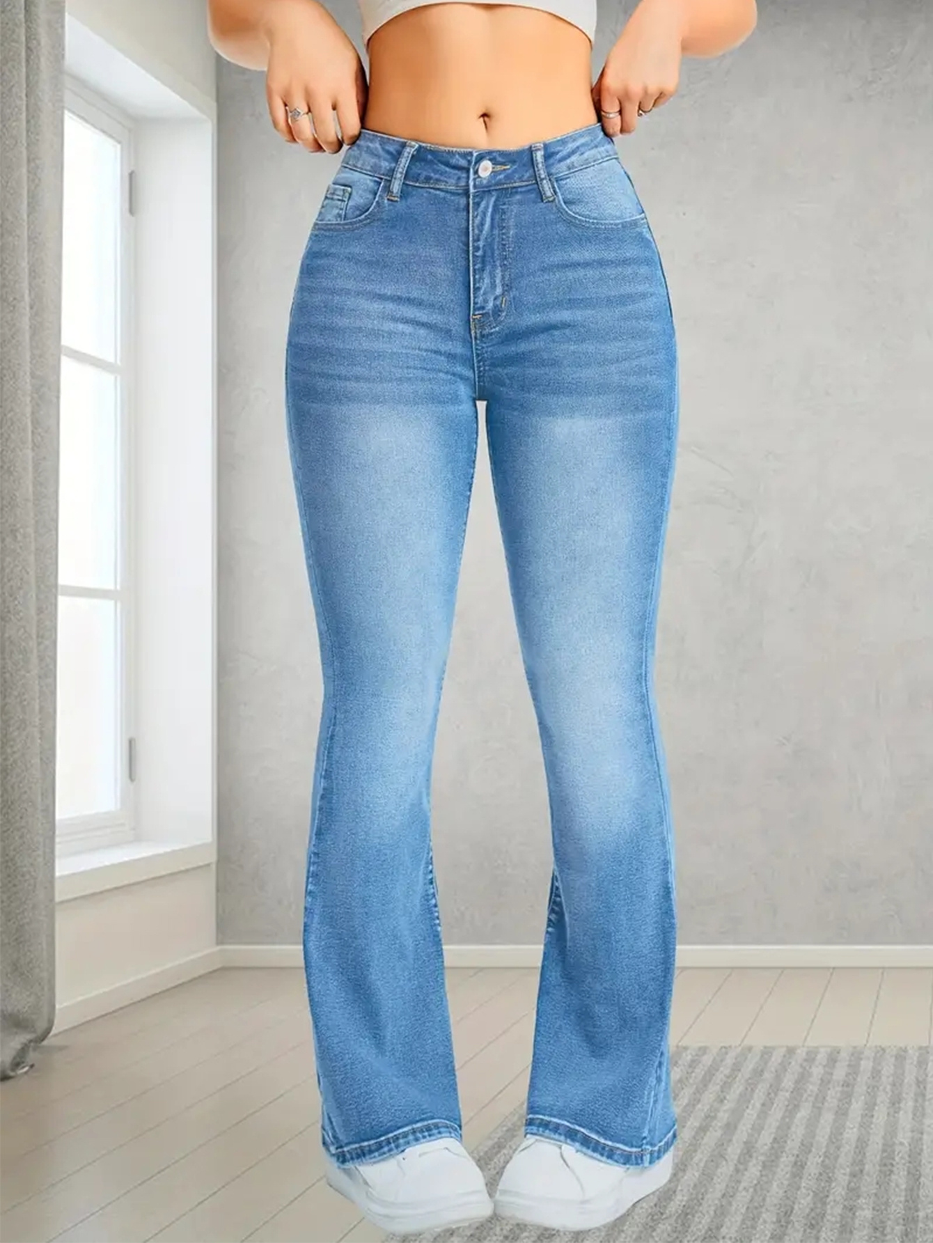 Women's High-Waisted Stretch Flare Jeans, Light Wash Slim Fit Bootcut Denim Pants - Image 3