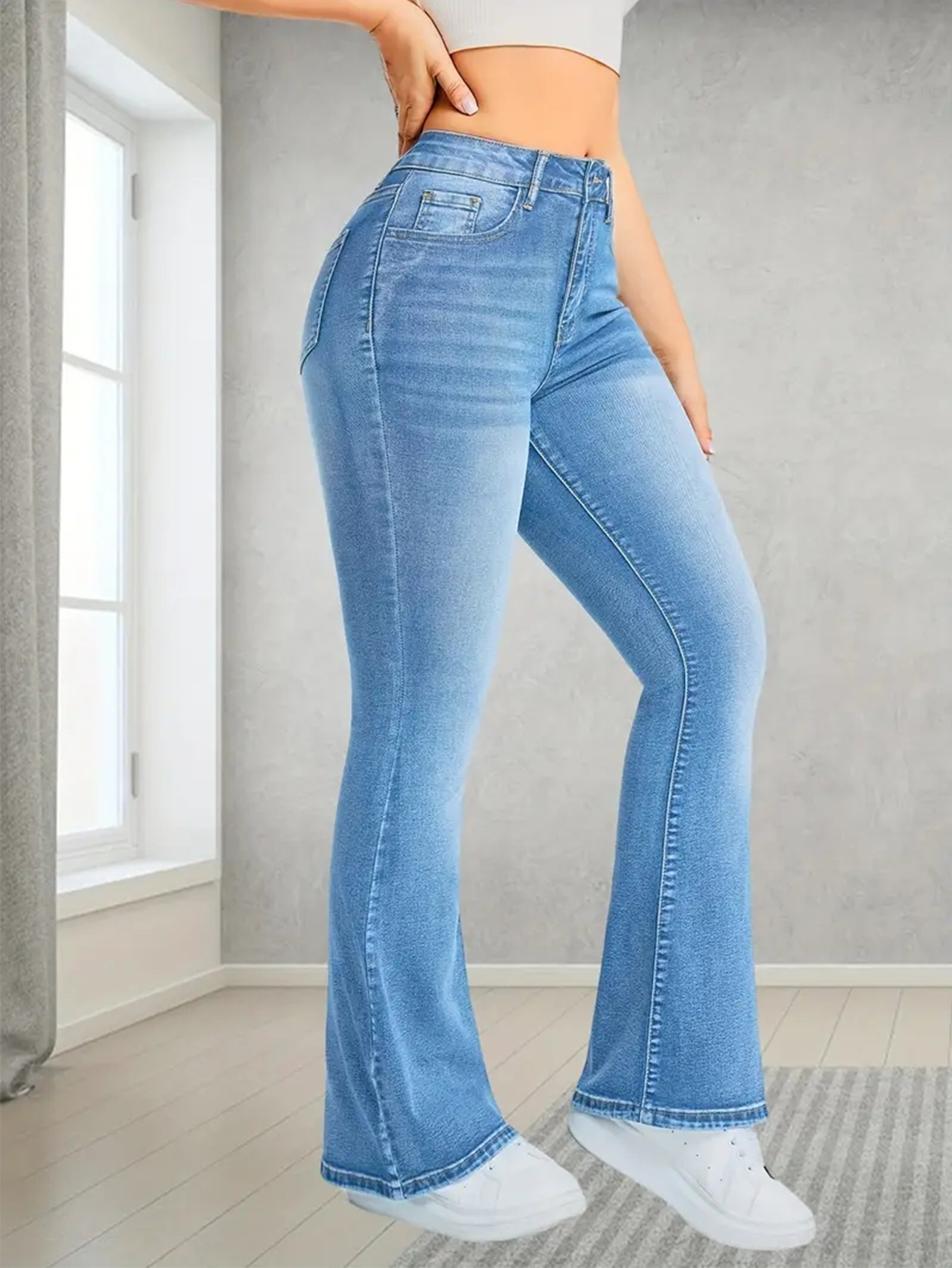Women's High-Waisted Stretch Flare Jeans, Light Wash Slim Fit Bootcut Denim Pants - Image 5
