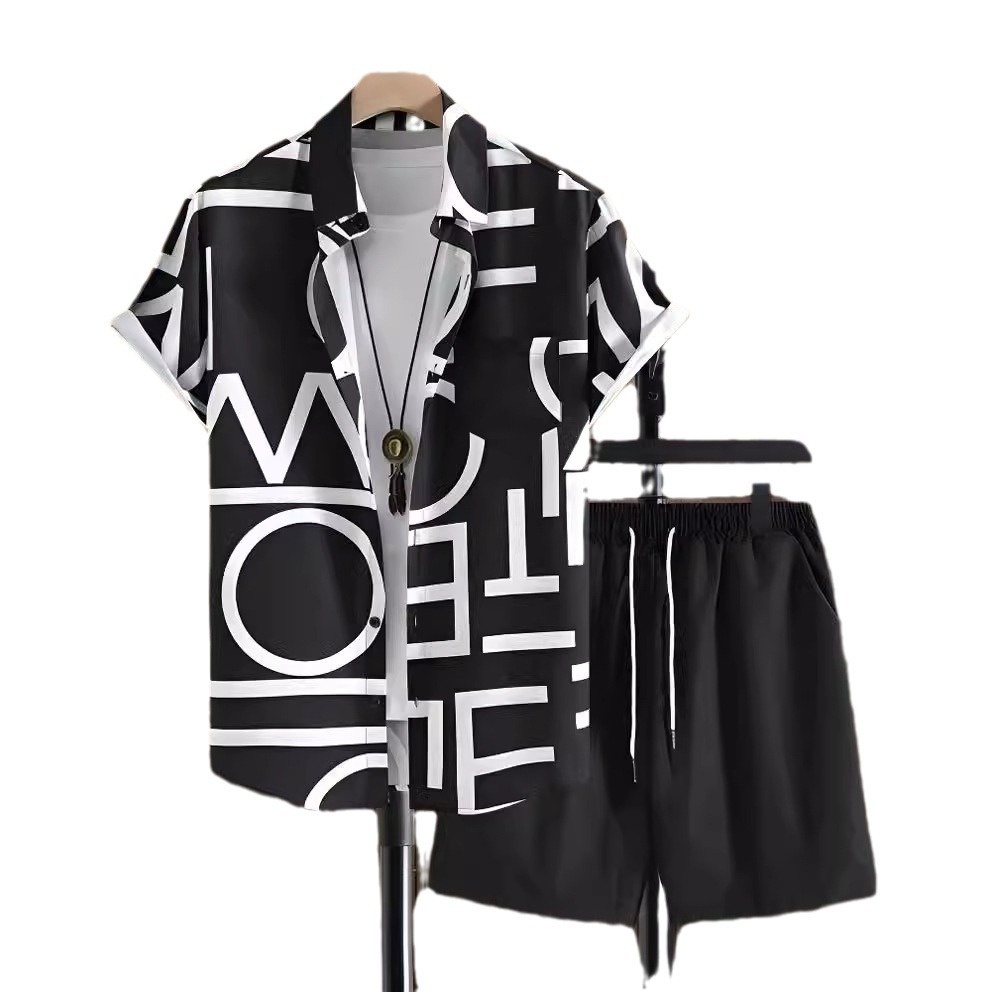 Black And White Striped Hawaiian Men's Shirt Set - Image 10