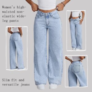Women's High-Waisted Non-Stretch Wide Leg Jeans, Light Wash Straight Leg Denim Pants