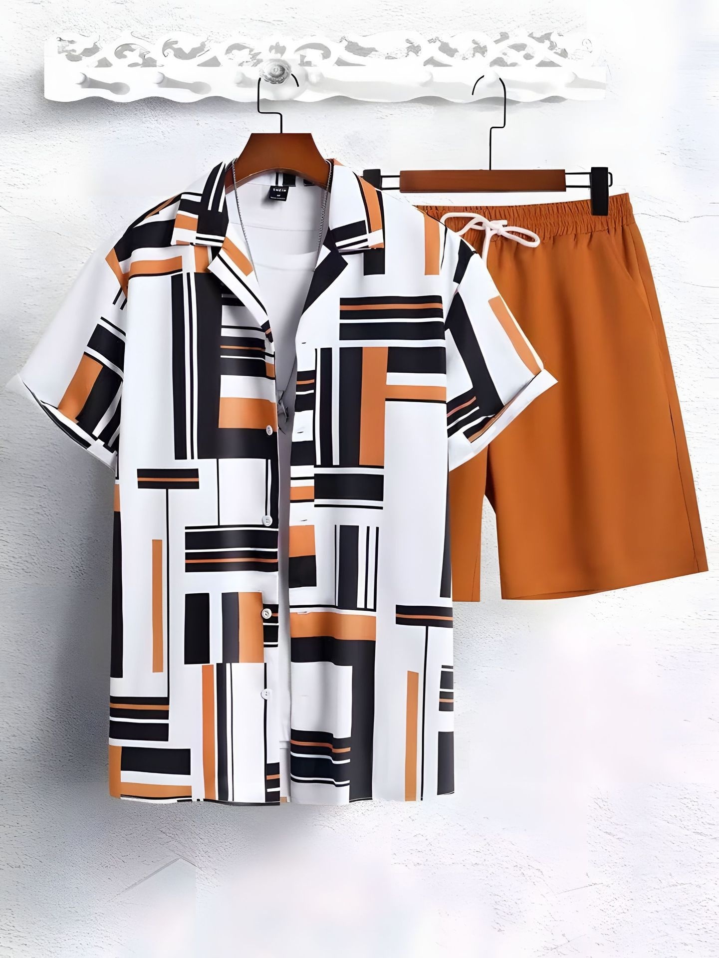 Black And White Striped Hawaiian Men's Shirt Set - Image 9