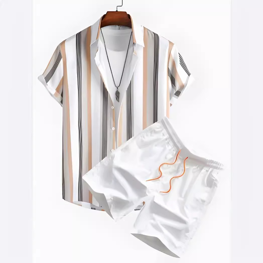 Black And White Striped Hawaiian Men's Shirt Set - Image 3