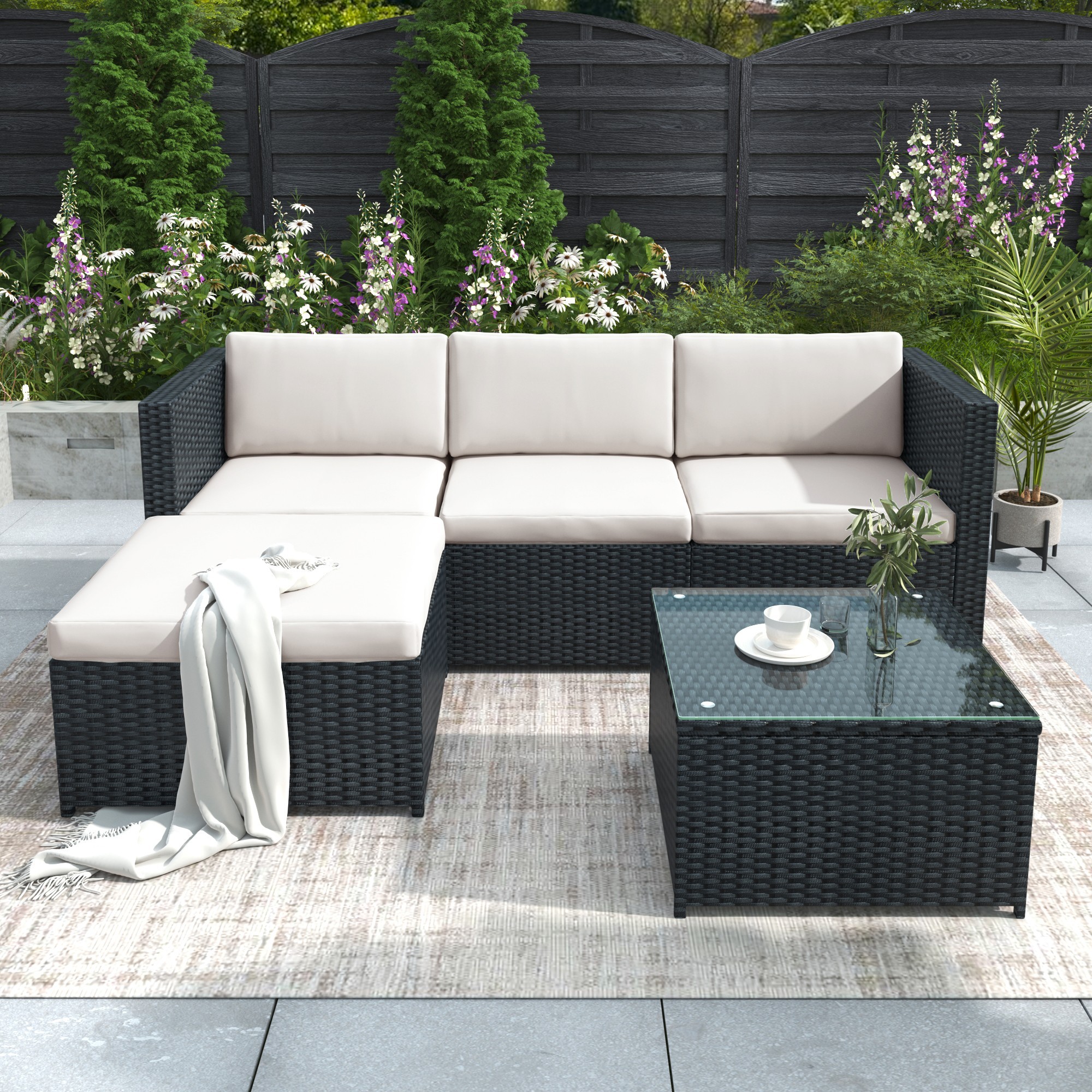 Garden Corner Sofa Rattan Garden Furniture Patio Set Garden Entertaining Set Garden Rattan Furniture Lounge Set,Black - Image 3