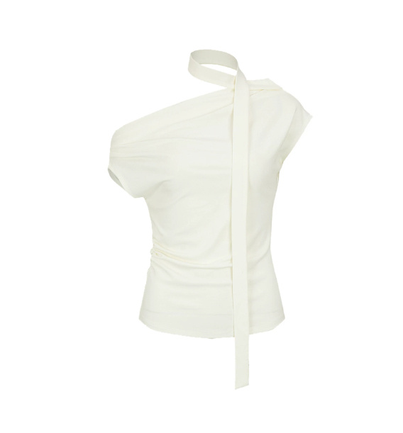 Fashionable Off-shoulder Pleated Halterneck T-shirt - Image 3