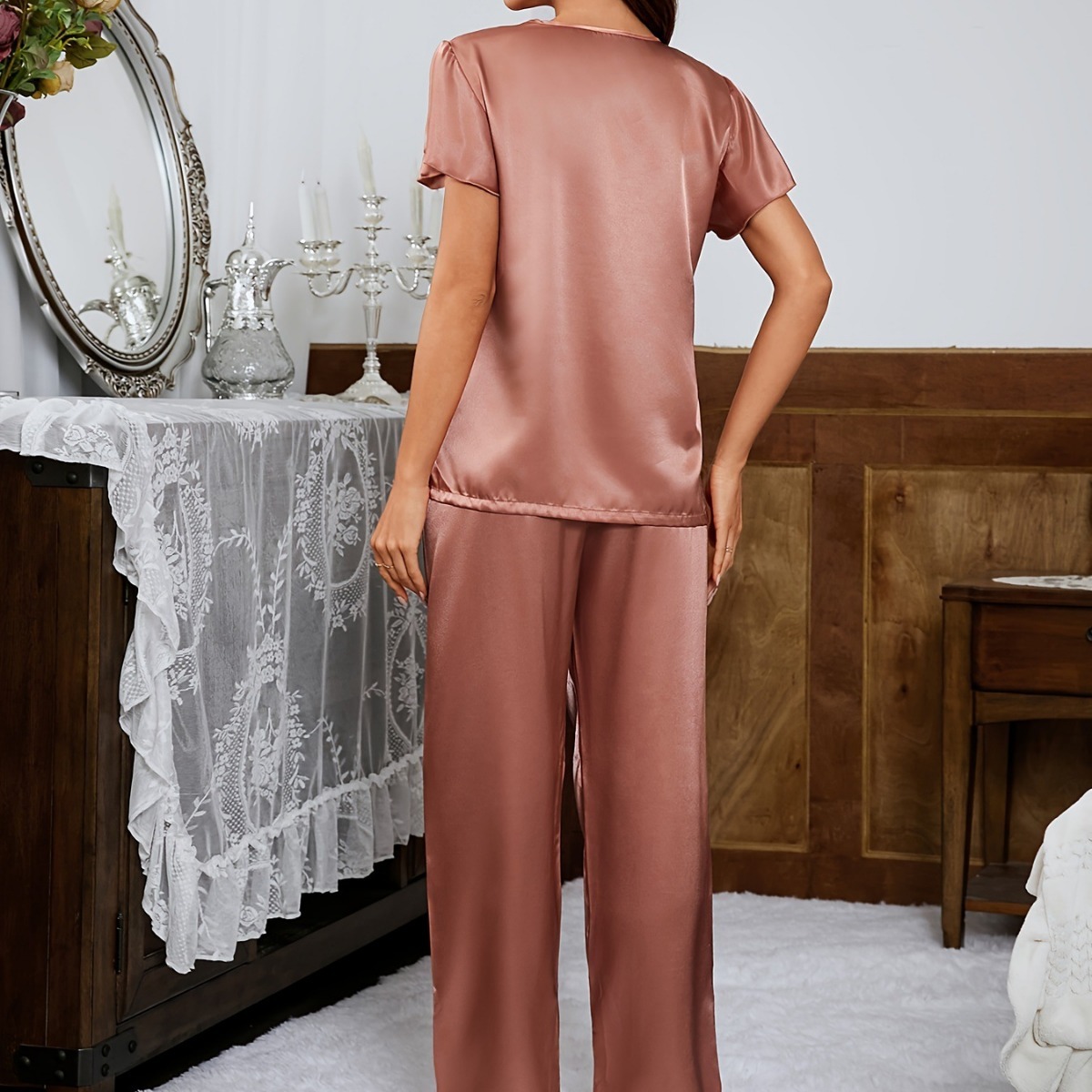 Long Pants And Short-sleeve Loose-fit Faux Silk Loungewear Set - Image 4