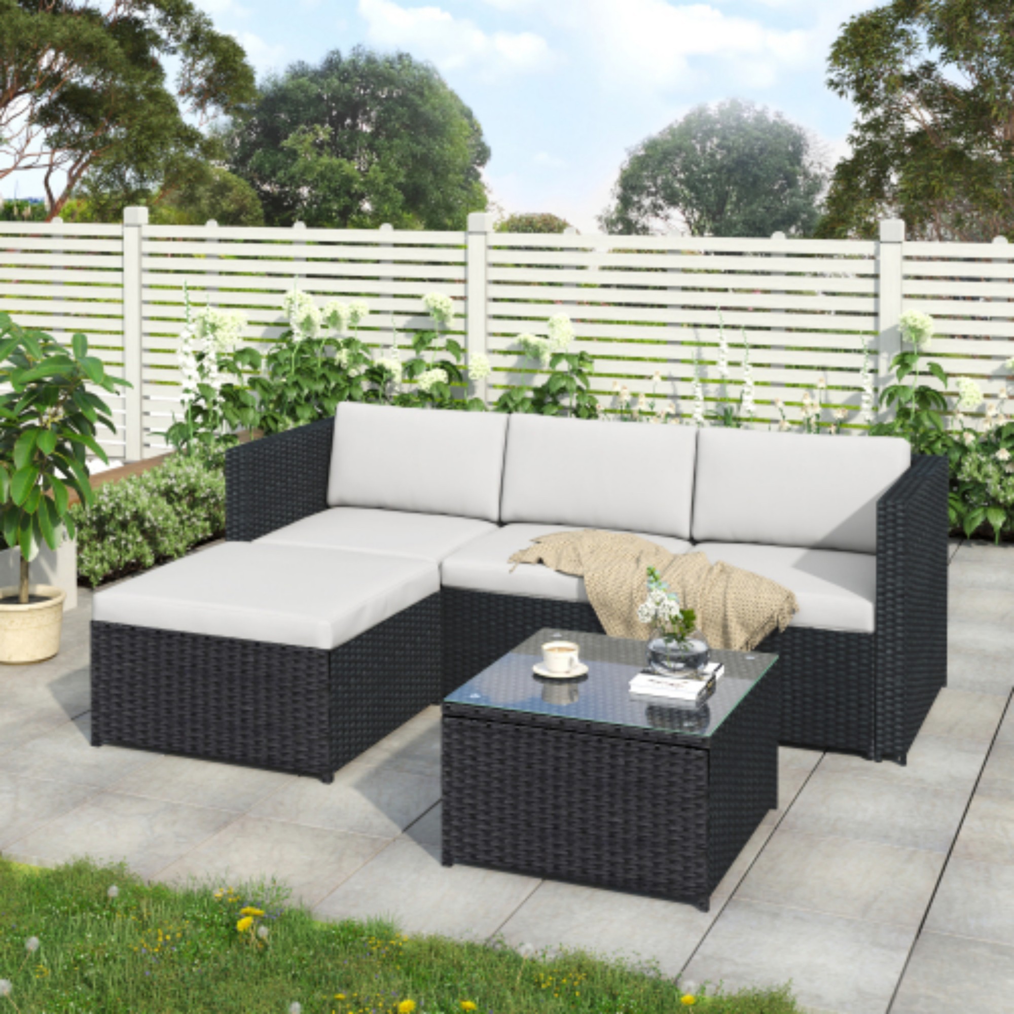 Garden Corner Sofa Rattan Garden Furniture Patio Set Garden Entertaining Set Garden Rattan Furniture Lounge Set,Black - Image 2