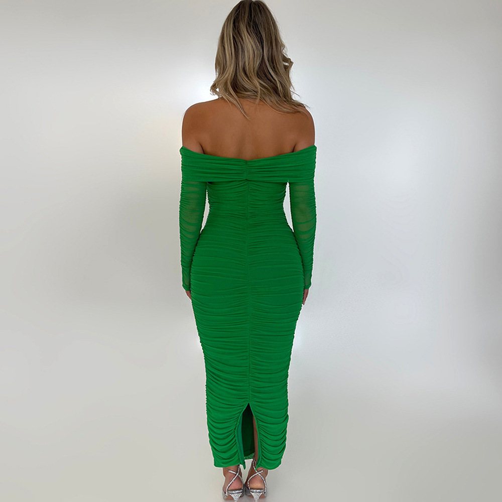 Mesh Off Shoulder Pleated Dress - Image 6