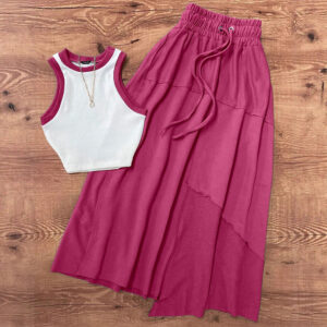 Western-style Color-Block Vest Top A-Line Skirt Two-Piece Set