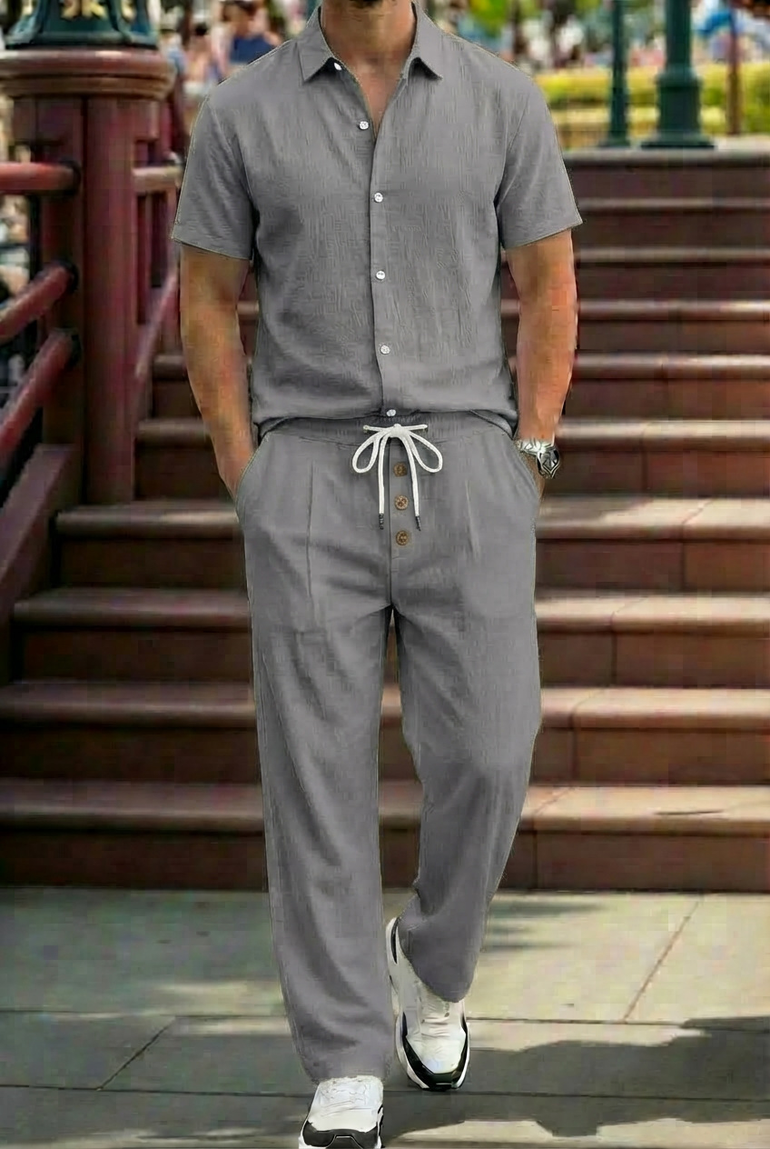 New Mens Breathable Linen Shirt And Trousers Set With A Lapel Collar - Image 5