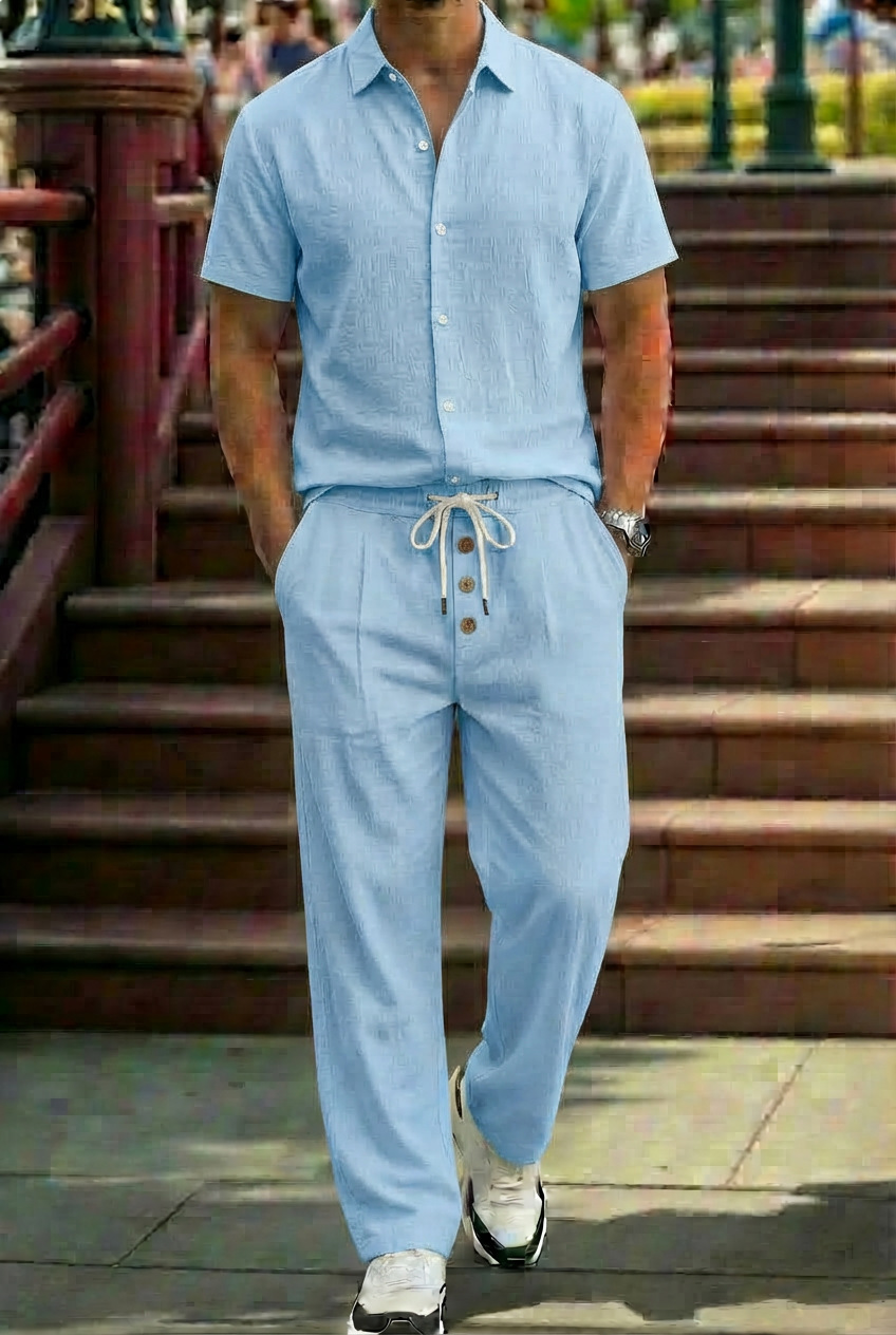New Mens Breathable Linen Shirt And Trousers Set With A Lapel Collar - Image 2