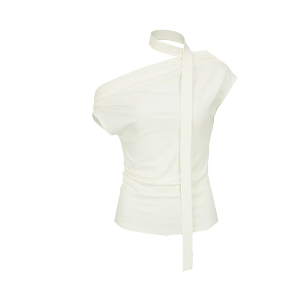 Fashionable Off-shoulder Pleated Halterneck T-shirt - Image 4