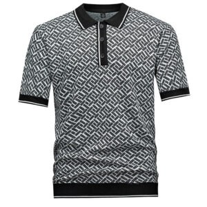 Men's Short Sleeve Knit Polo Shirt, Geometric Interwoven Pattern, Smart Casual, Black & Grey