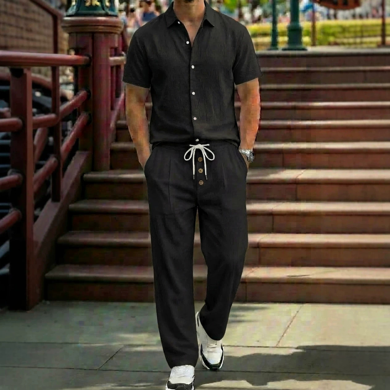 New Mens Breathable Linen Shirt And Trousers Set With A Lapel Collar