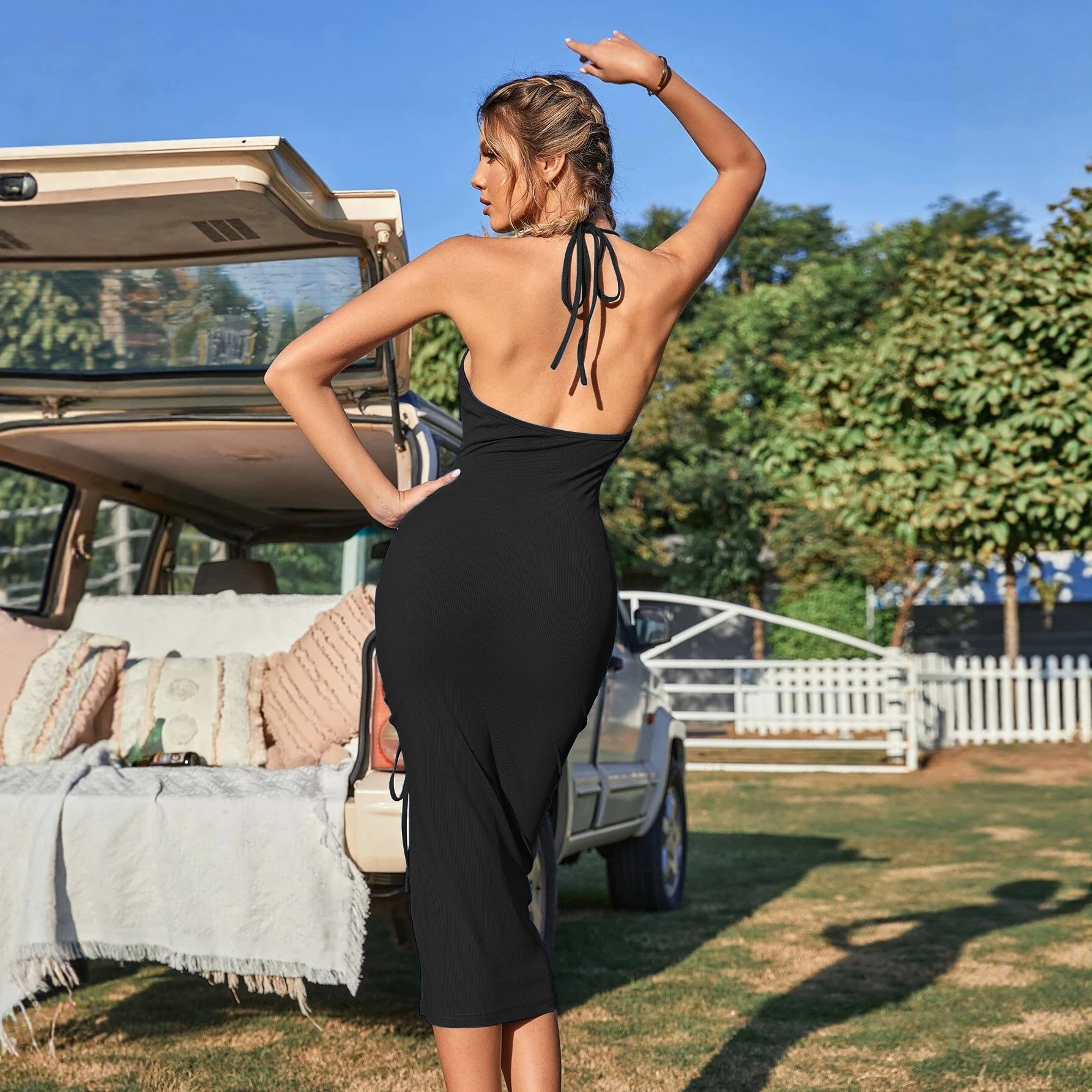 Halter-neck Drawstring Slit Backless Slimming Sheath Dress For Women - Image 2