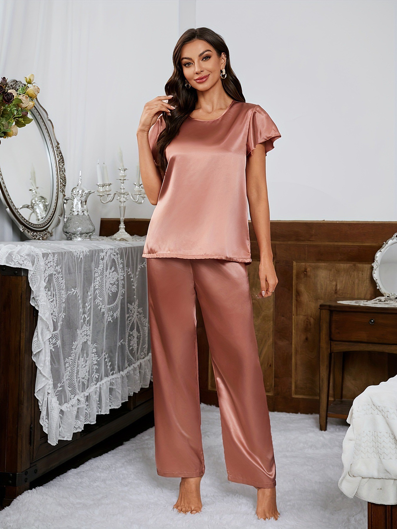 Long Pants And Short-sleeve Loose-fit Faux Silk Loungewear Set - Image 5