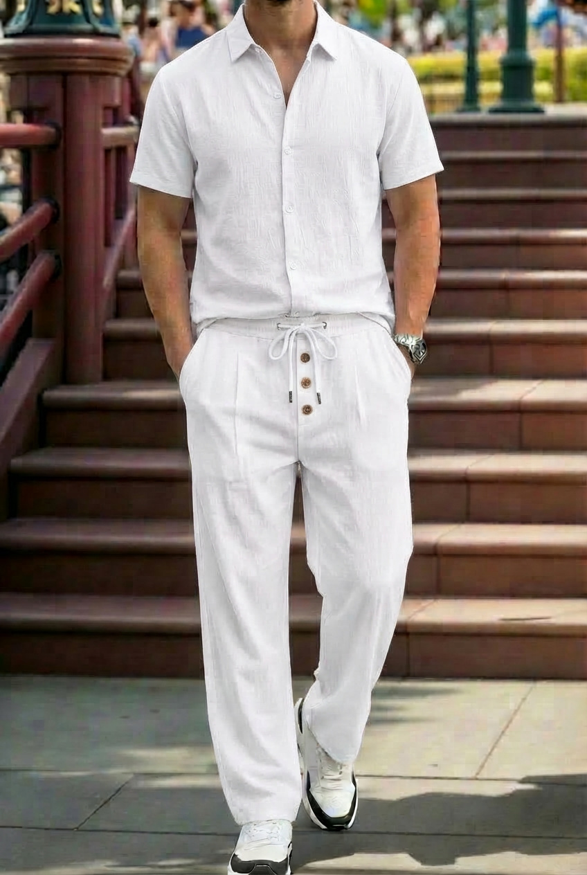 New Mens Breathable Linen Shirt And Trousers Set With A Lapel Collar - Image 7