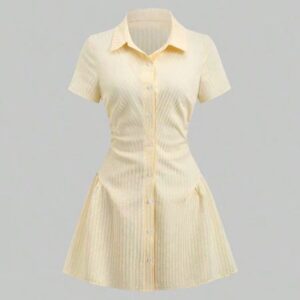 2026 Summer New French-style Waist-cinching Shirt Dress Yellow Striped Short-sleeve Single-breasted Elegant