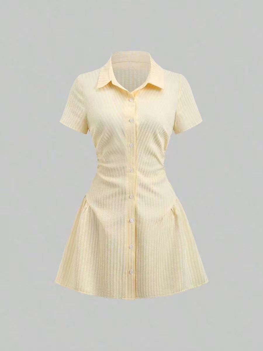 2026 Summer New French-style Waist-cinching Shirt Dress Yellow Striped Short-sleeve Single-breasted Elegant