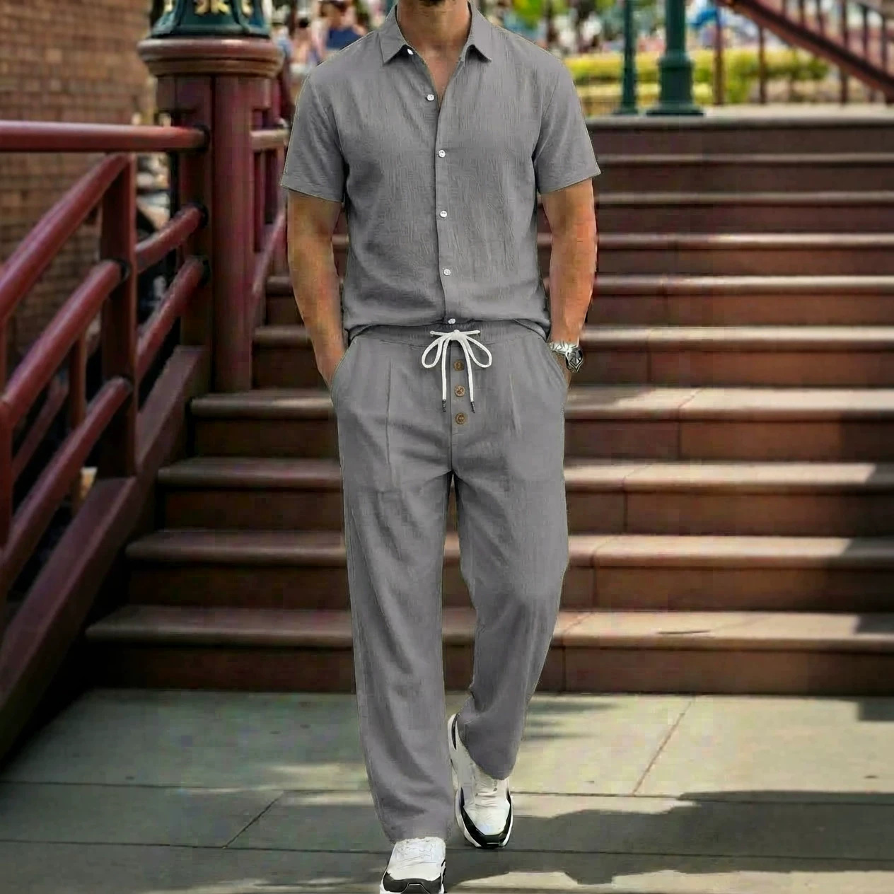 New Mens Breathable Linen Shirt And Trousers Set With A Lapel Collar - Image 9