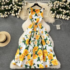 Retro Court-style Printed Waist-cinching Sleeveless Slip Dress