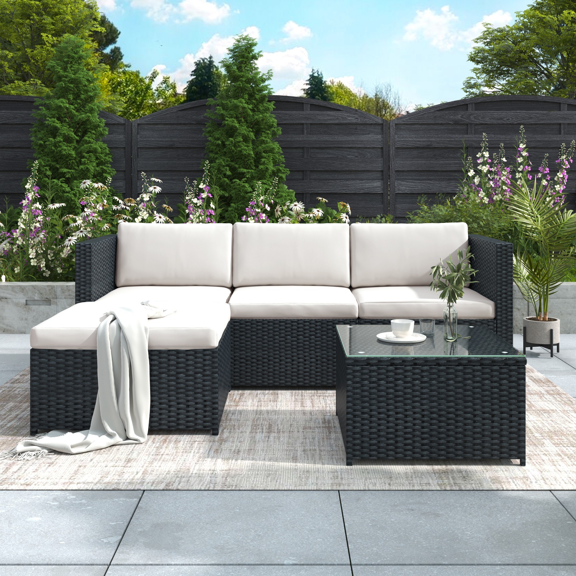Garden Corner Sofa Rattan Garden Furniture Patio Set Garden Entertaining Set Garden Rattan Furniture Lounge Set,Black - Image 4