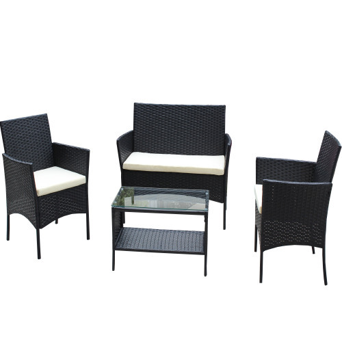 4 PC Rattan Patio Furniture Set Outdoor Patio Cushioned Seat Wicker Sofa Beige Cushion - Image 5