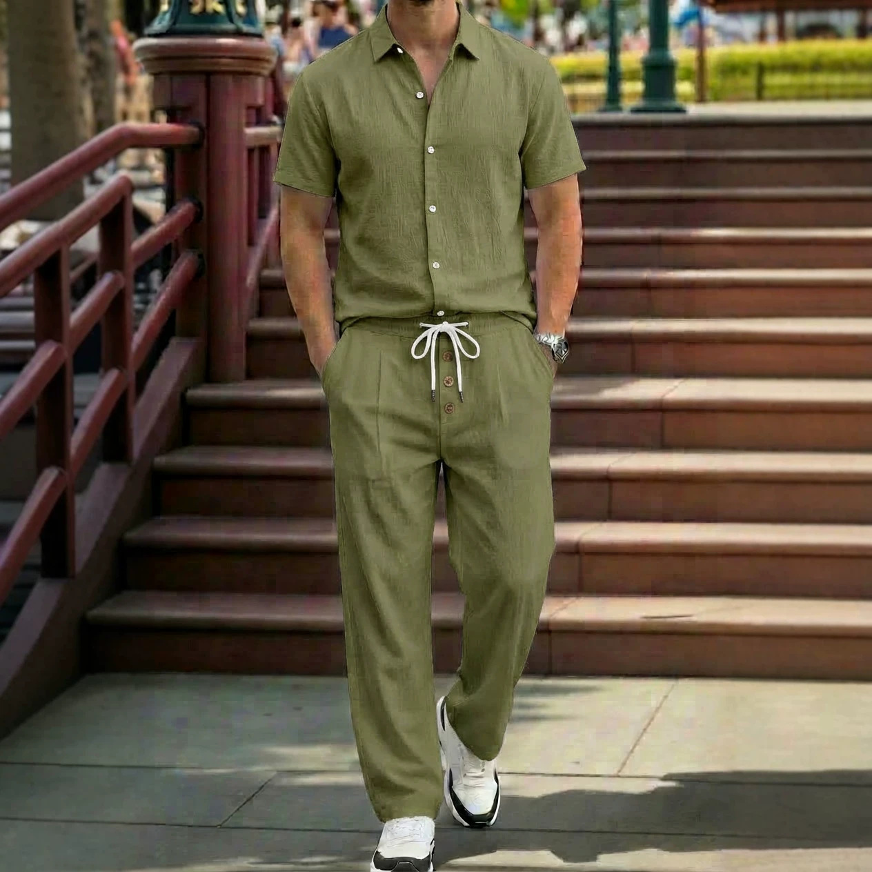 New Mens Breathable Linen Shirt And Trousers Set With A Lapel Collar - Image 3
