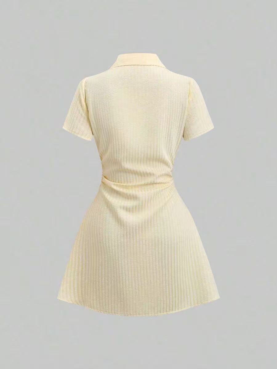 2026 Summer New French-style Waist-cinching Shirt Dress Yellow Striped Short-sleeve Single-breasted Elegant - Image 2