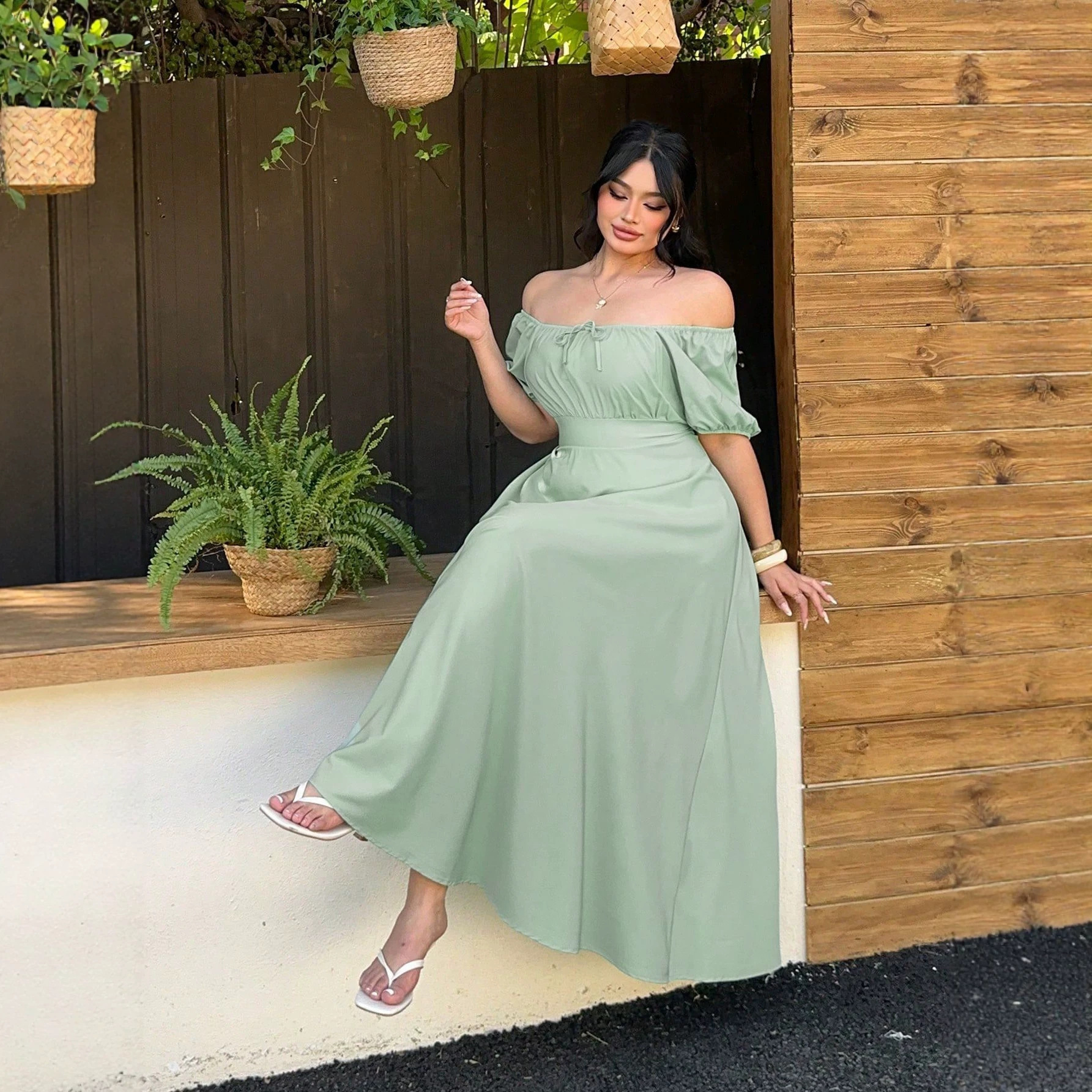 Womens French-style Square-neck Solid-color Dress - Image 6