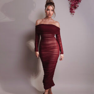 Mesh Off Shoulder Pleated Dress