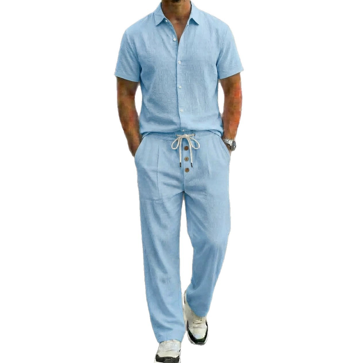 New Mens Breathable Linen Shirt And Trousers Set With A Lapel Collar - Image 6